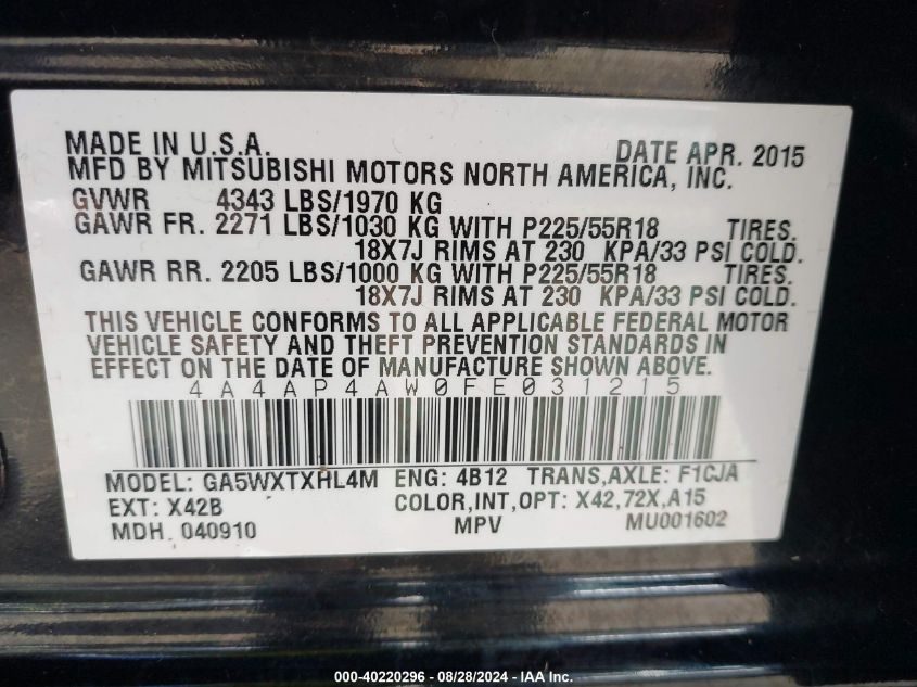 2015 Mitsubishi Outlander Sport Gt VIN: 4A4AP4AW0FE031215 Lot: 40220296