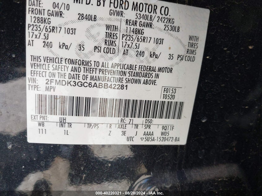 2FMDK3GC6ABB42281 2010 Ford Edge Se
