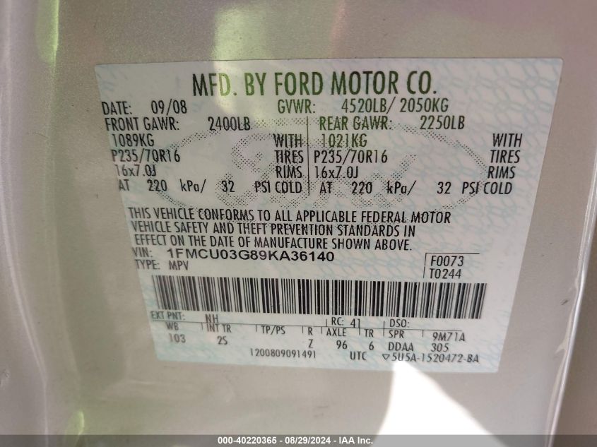 2009 Ford Escape Xlt VIN: 1FMCU03G89KA36140 Lot: 40220365