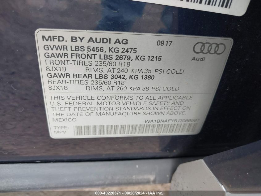 2018 Audi Q5 2.0T Premium/2.0T Tech Premium VIN: WA1BNAFY8J2066597 Lot: 40220371