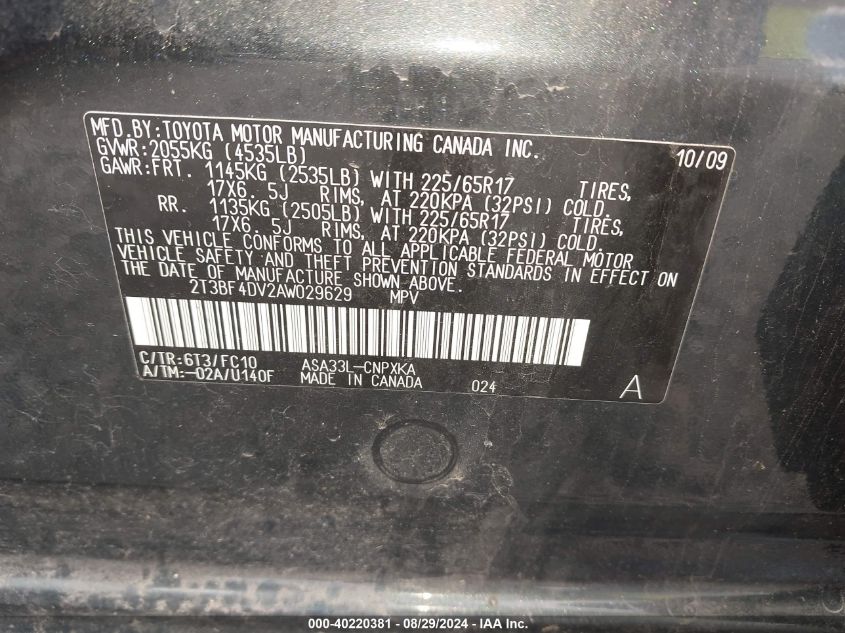 2010 Toyota Rav4 VIN: 2T3BF4DV2AW029629 Lot: 40220381