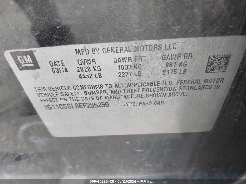 2014 Chevrolet Malibu 1Lt VIN: 1G11C5SL8EF265259 Lot: 40220426