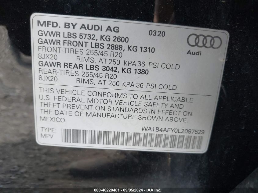 2020 Audi Sq5 Premium Plus Tfsi Quattro Tiptronic VIN: WA1B4AFY0L2087529 Lot: 40220481