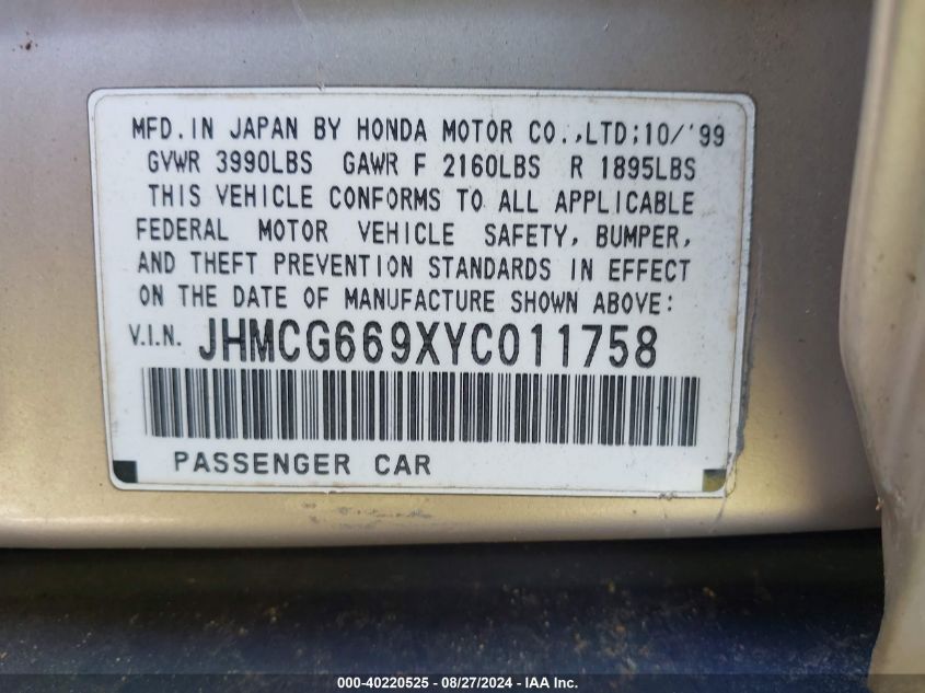 2000 Honda Accord 2.3 Se VIN: JHMCG669XYC011758 Lot: 40220525