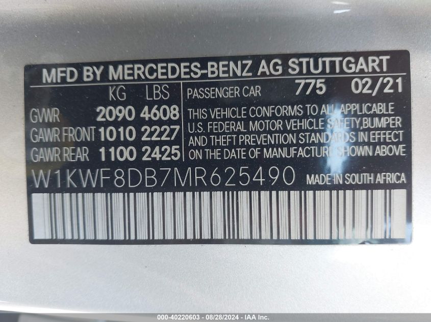 2021 Mercedes-Benz C 300 Sedan VIN: W1KWF8DB7MR625490 Lot: 40220603