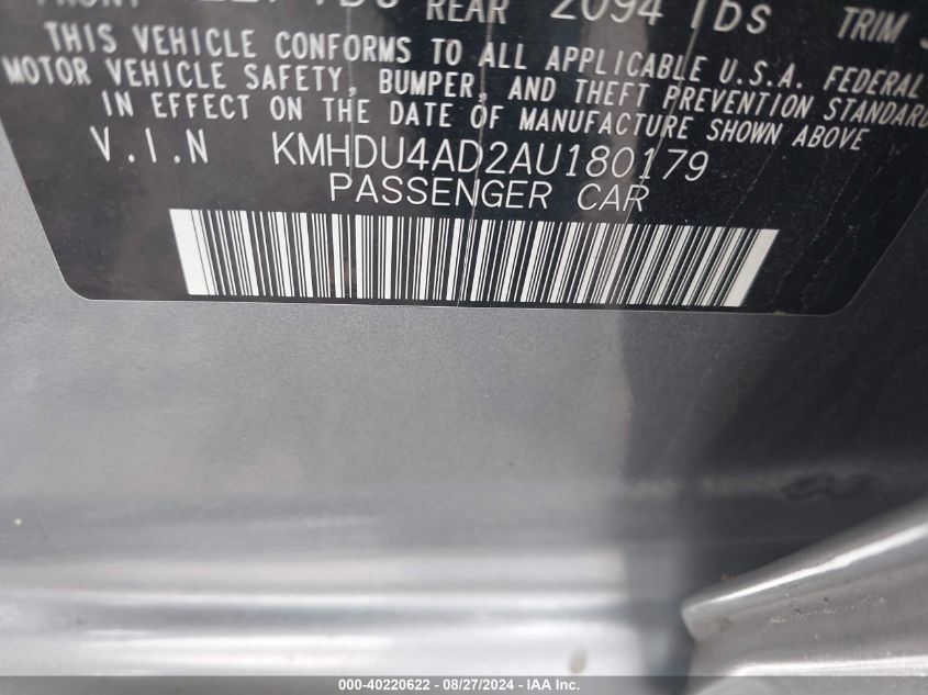 2010 Hyundai Elantra Blue VIN: KMHDU4AD2AU180179 Lot: 40220622