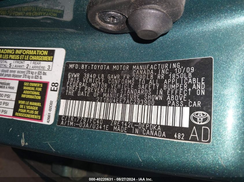 2010 Toyota Corolla Le VIN: 2T1BU4EE7AC293900 Lot: 40220631