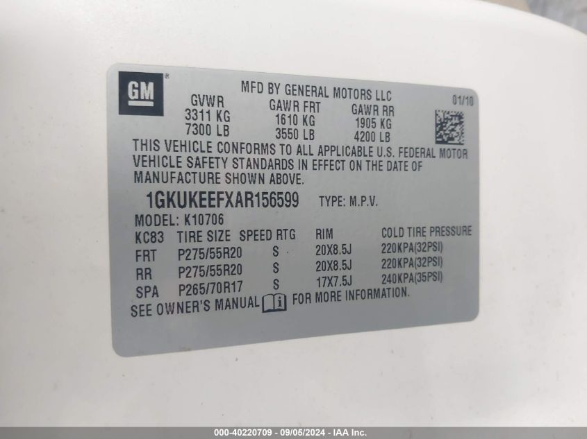 2010 GMC Yukon Denali VIN: 1GKUKEEFXAR156599 Lot: 40220709