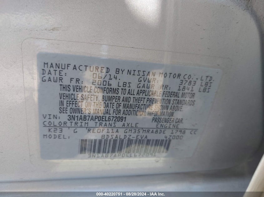 2014 Nissan Sentra Fe+ S/Fe+ Sv/S/Sl/Sr/Sv VIN: 3N1AB7AP0EL672091 Lot: 40220751