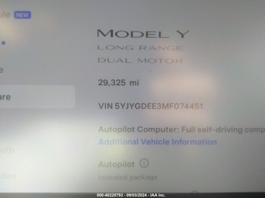 2021 Tesla Model Y Long Range Dual Motor All-Wheel Drive VIN: 5YJYGDEE3MF074451 Lot: 40220793