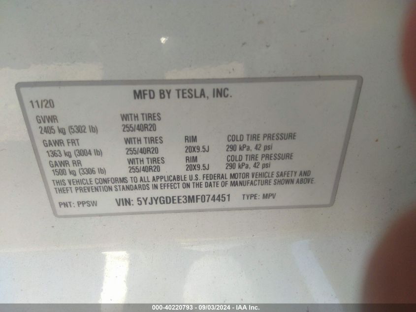 2021 Tesla Model Y Long Range Dual Motor All-Wheel Drive VIN: 5YJYGDEE3MF074451 Lot: 40220793