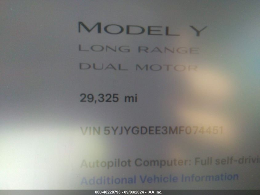 2021 Tesla Model Y Long Range Dual Motor All-Wheel Drive VIN: 5YJYGDEE3MF074451 Lot: 40220793