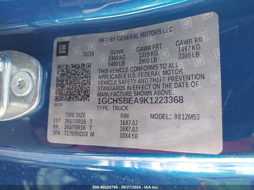 1GCHSBEA9K1223368 2019 Chevrolet Colorado Wt