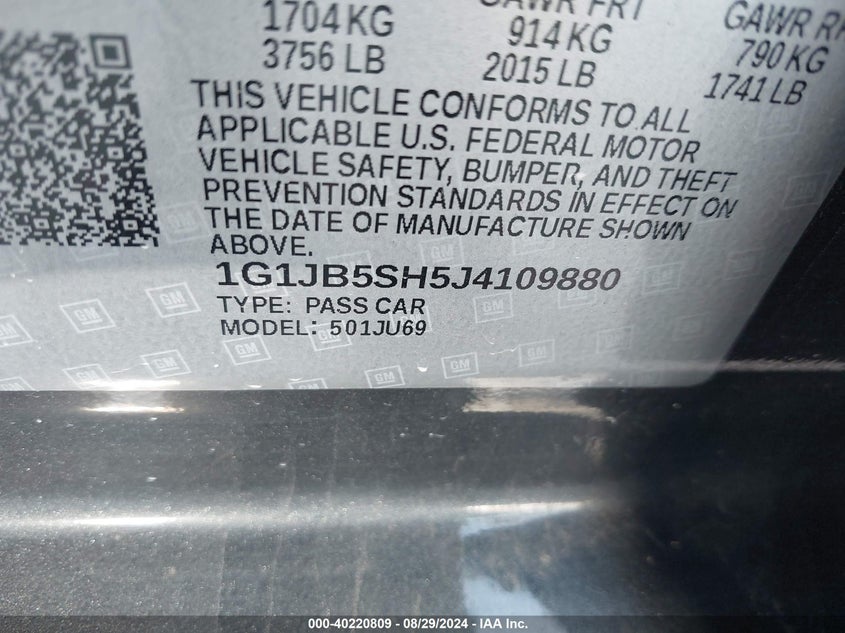 2018 Chevrolet Sonic Ls Auto VIN: 1G1JB5SH5J4109880 Lot: 40220809