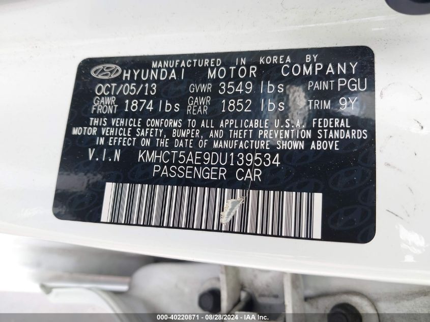 2013 Hyundai Accent Gs VIN: KMHCT5AE9DU139534 Lot: 40220871