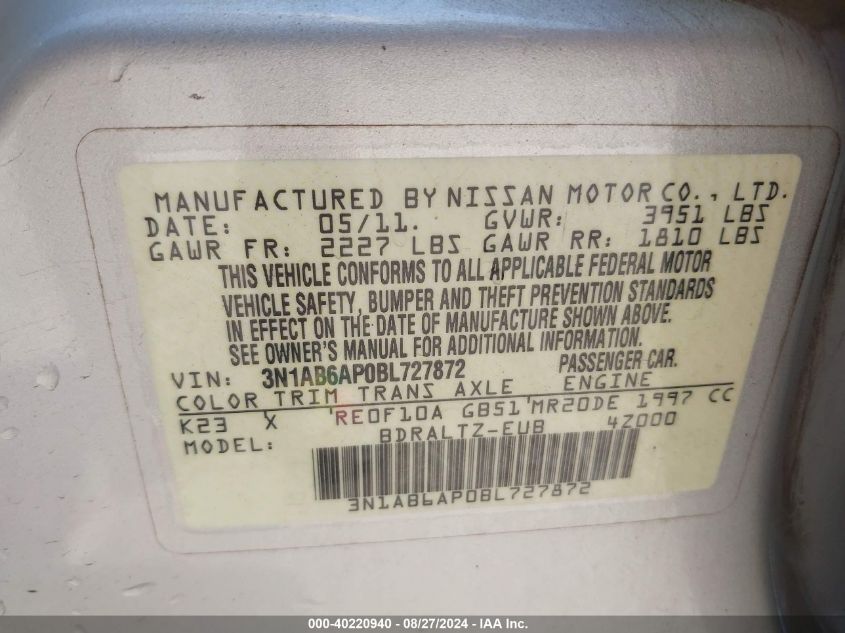 2011 Nissan Sentra 2.0Sr VIN: 3N1AB6AP0BL727872 Lot: 40220940