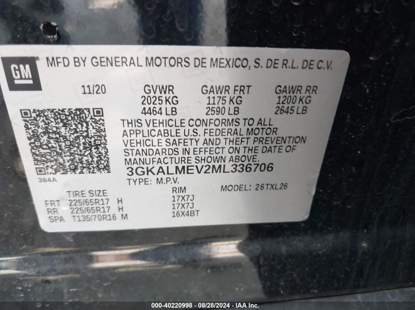 2021 GMC Terrain Fwd Sle VIN: 3GKALMEV2ML336706 Lot: 40220998