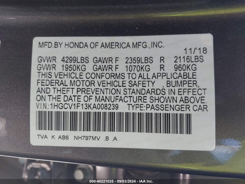 VIN 1HGCV1F13KA008239 2019 HONDA ACCORD LX