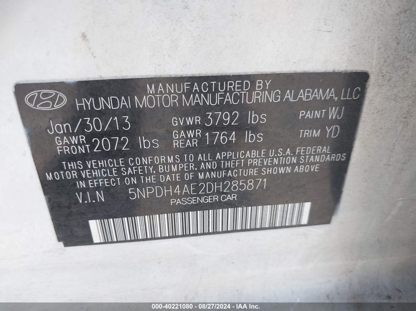 2013 Hyundai Elantra Limited VIN: 5NPDH4AE2DH285871 Lot: 40221080