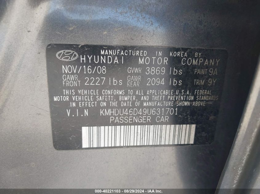 2009 Hyundai Elantra Gls VIN: KMHDU46D49U631701 Lot: 40221103