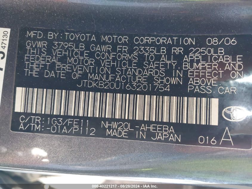 2006 Toyota Prius VIN: JTDKB20U163201754 Lot: 40221217