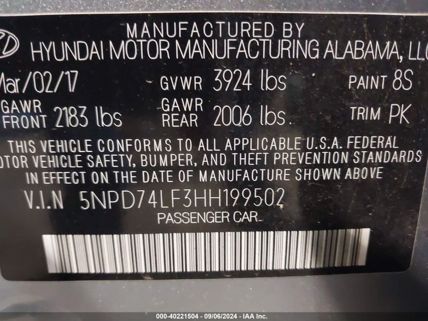 VIN 5NPD74LF3HH199502 2017 HYUNDAI ELANTRA SE