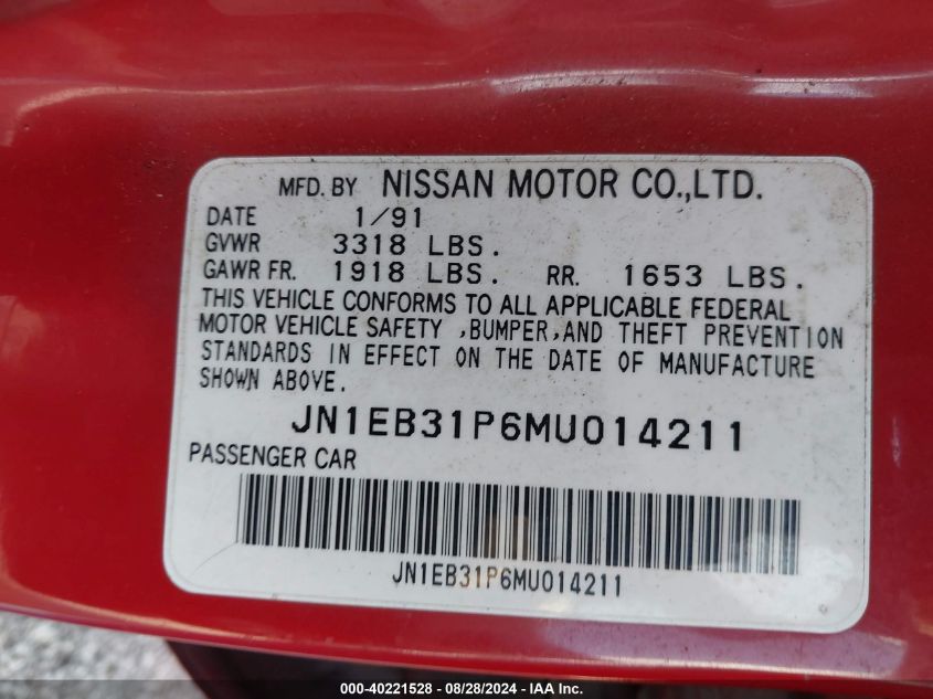 1991 Nissan Sentra VIN: JN1EB31P6MU014211 Lot: 40221528