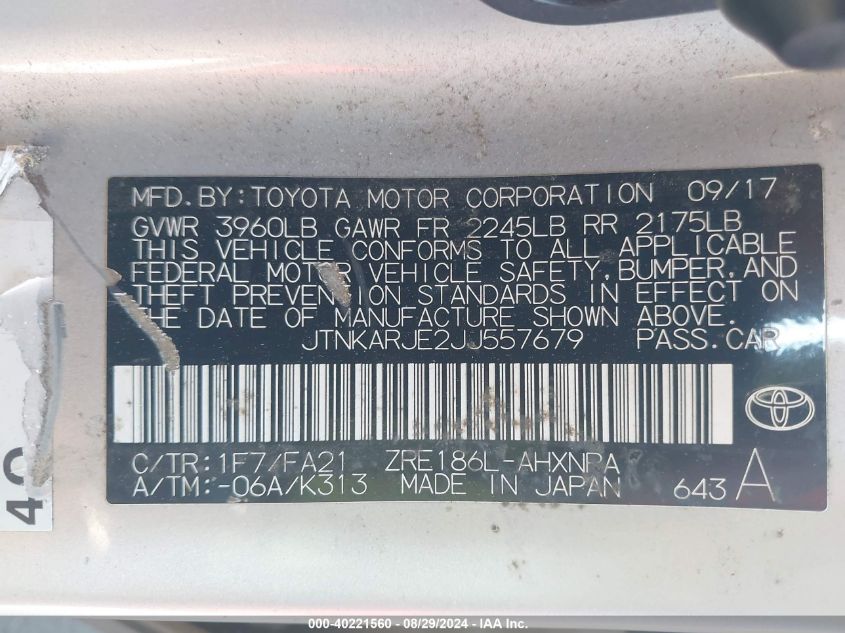 2018 TOYOTA COROLLA IM JTNKARJE2JJ557679