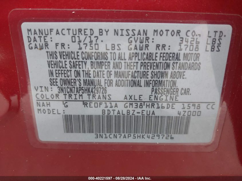 3N1CN7AP5HK429726 2017 Nissan Versa 1.6 Sv