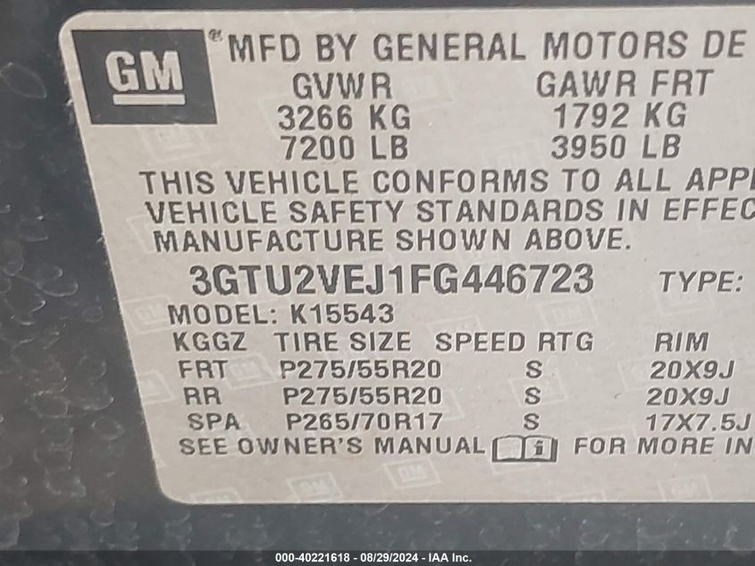 3GTU2VEJ1FG446723 2015 GMC Sierra 1500 Slt