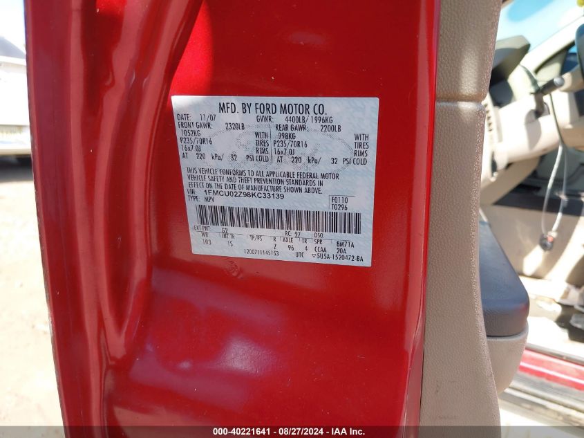 2008 Ford Escape Xls/Xls Manual VIN: 1FMCU02Z98KC33139 Lot: 40221641