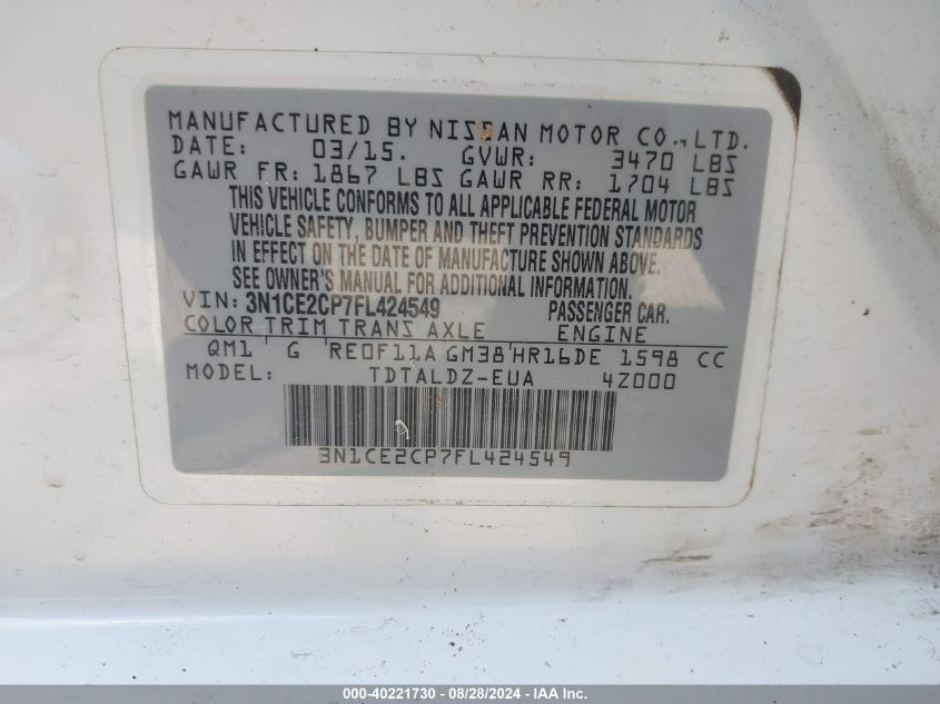 3N1CE2CP7FL424549 2015 Nissan Versa Note Sv