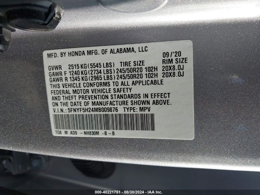 2021 Honda Pilot 2Wd Special Edition VIN: 5FNYF5H24MB009876 Lot: 40221751