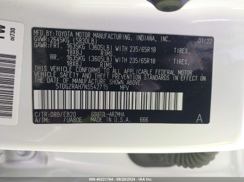 2022 Toyota Highlander Xle VIN: 5TDGZRAH7NS542715 Lot: 40221764