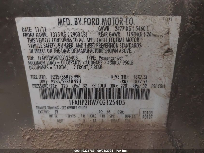 2012 Ford Taurus Sel VIN: 1FAHP2HW7CG125405 Lot: 40221789