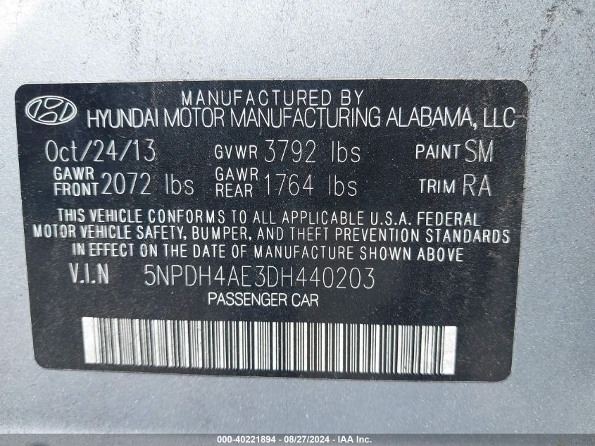 2013 Hyundai Elantra Gls VIN: 5NPDH4AE3DH440203 Lot: 40221894