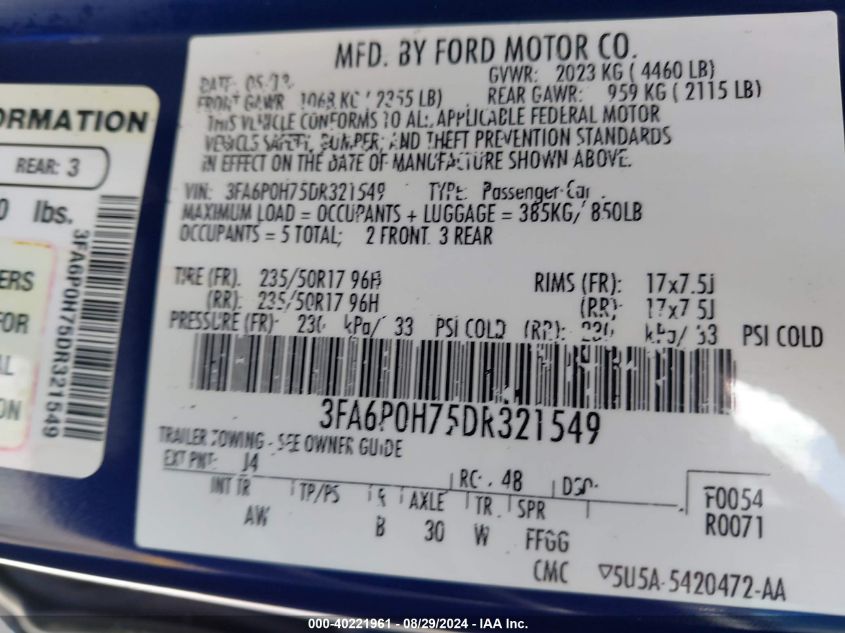 2013 FORD FUSION SE - 3FA6P0H75DR321549