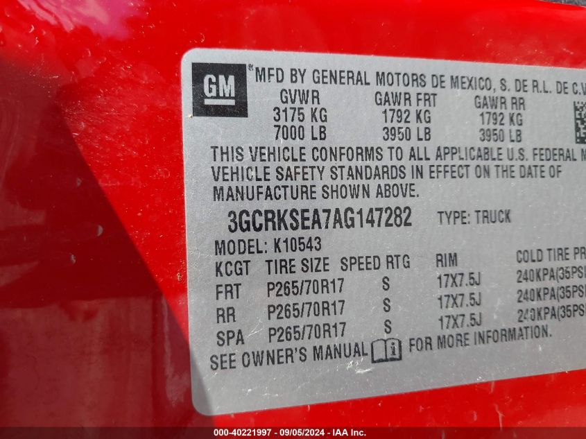 3GCRKSEA7AG147282 2010 Chevrolet Silverado 1500 Lt