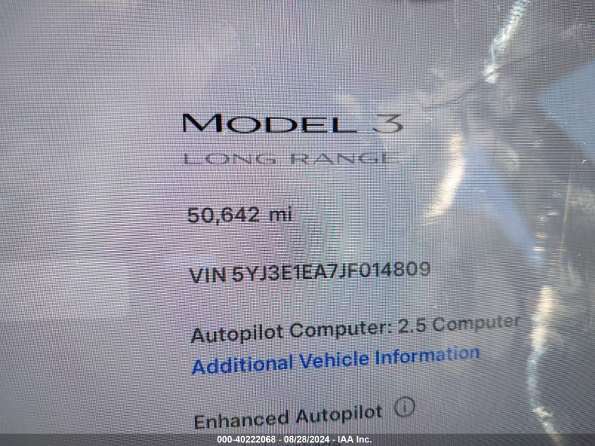 2018 Tesla Model 3 Long Range/Mid Range VIN: 5YJ3E1EA7JF014809 Lot: 40222068