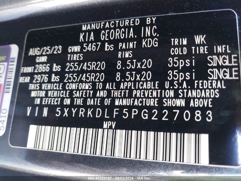 2023 Kia Sorento Sx VIN: 5XYRKDLF5PG227083 Lot: 40222107