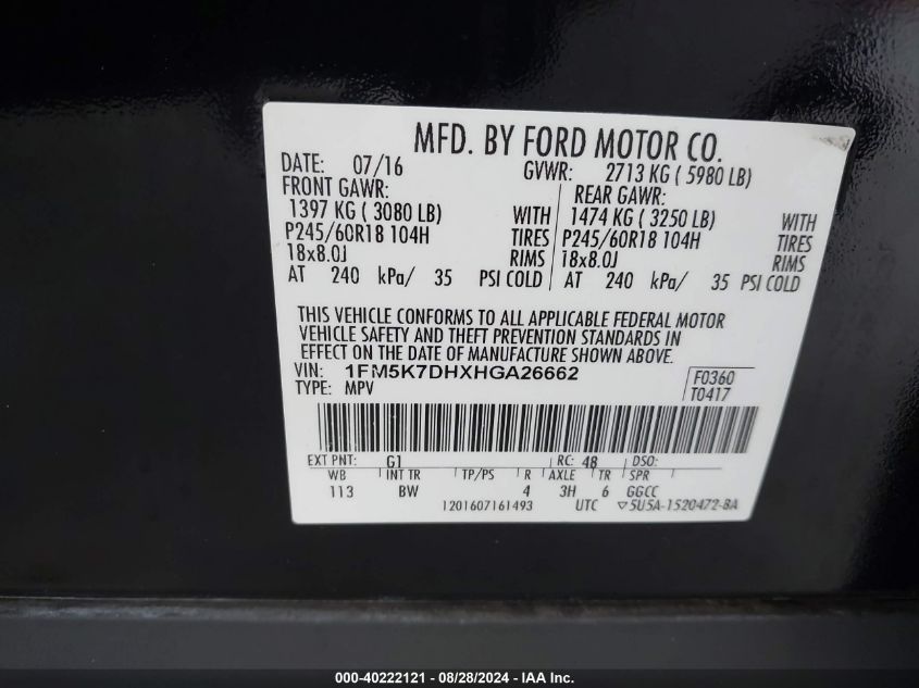 2017 Ford Explorer Xlt VIN: 1FM5K7DHXHGA26662 Lot: 40222121