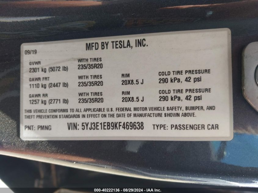 2019 TESLA MODEL 3 LONG RANGE/PERFORMANCE - 5YJ3E1EB9KF469638