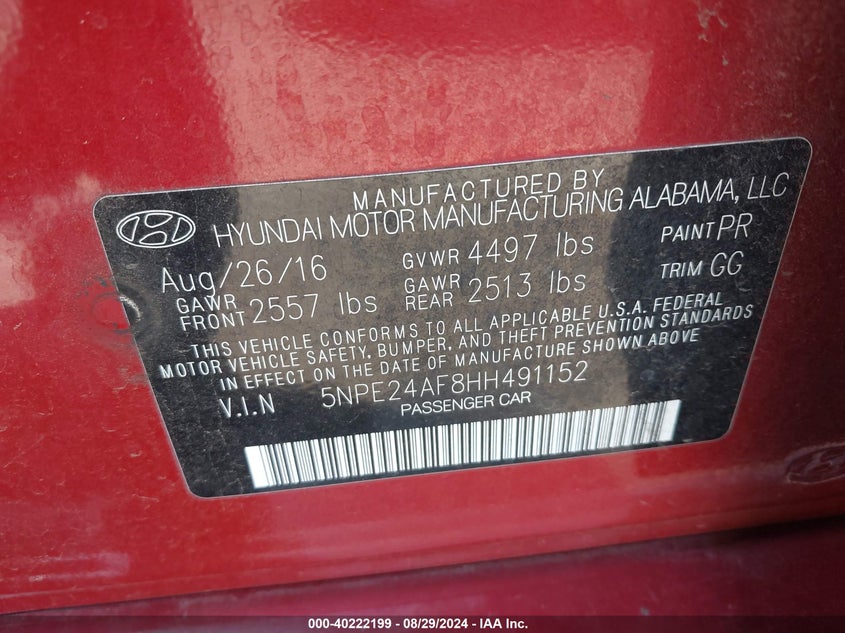 VIN 5NPE24AF8HH491152 2017 HYUNDAI SONATA
