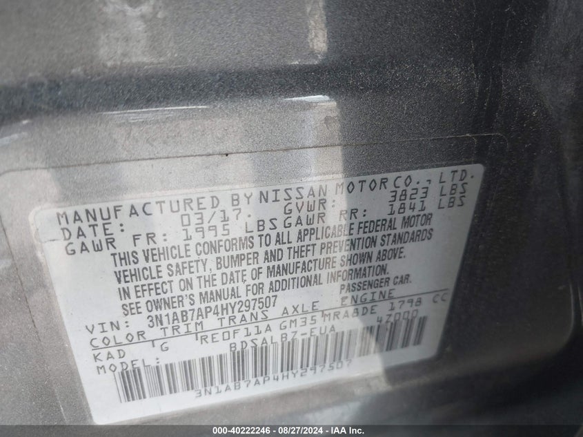 2017 Nissan Sentra S VIN: 3N1AB7AP4HY297507 Lot: 40222246