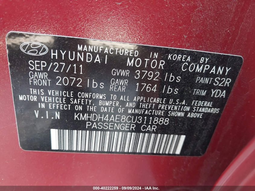 2012 Hyundai Elantra Gls (Ulsan Plant) VIN: KMHDH4AE8CU311888 Lot: 40222259