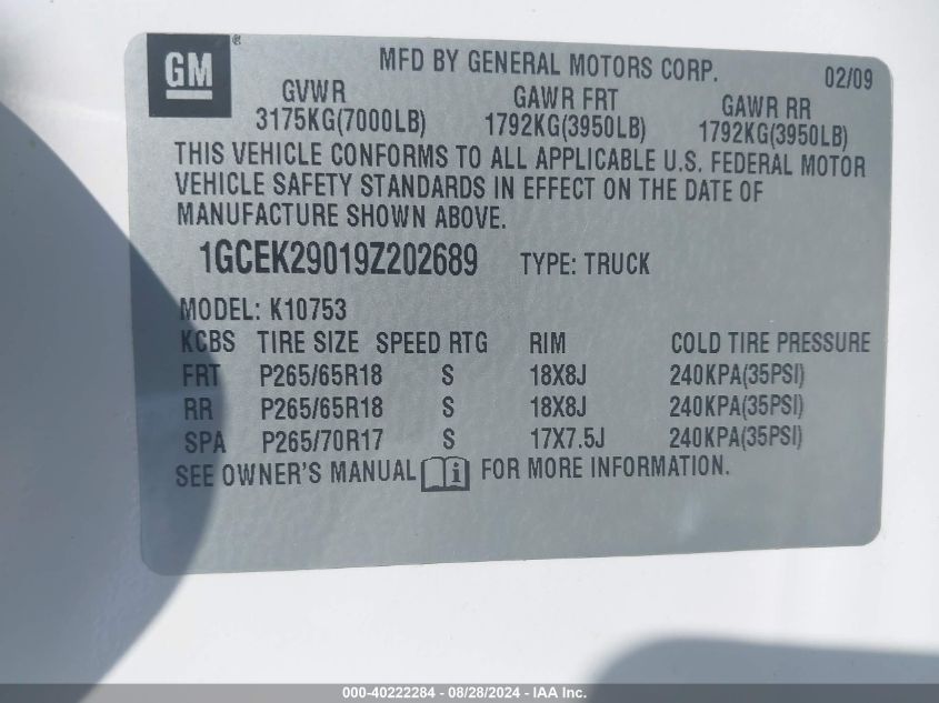 2009 Chevrolet Silverado K1500 Lt VIN: 1GCEK29019Z202689 Lot: 40222284