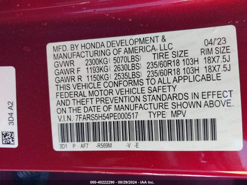 2023 Honda Cr-V Hybrid Sport VIN: 7FARS5H54PE000517 Lot: 40222290