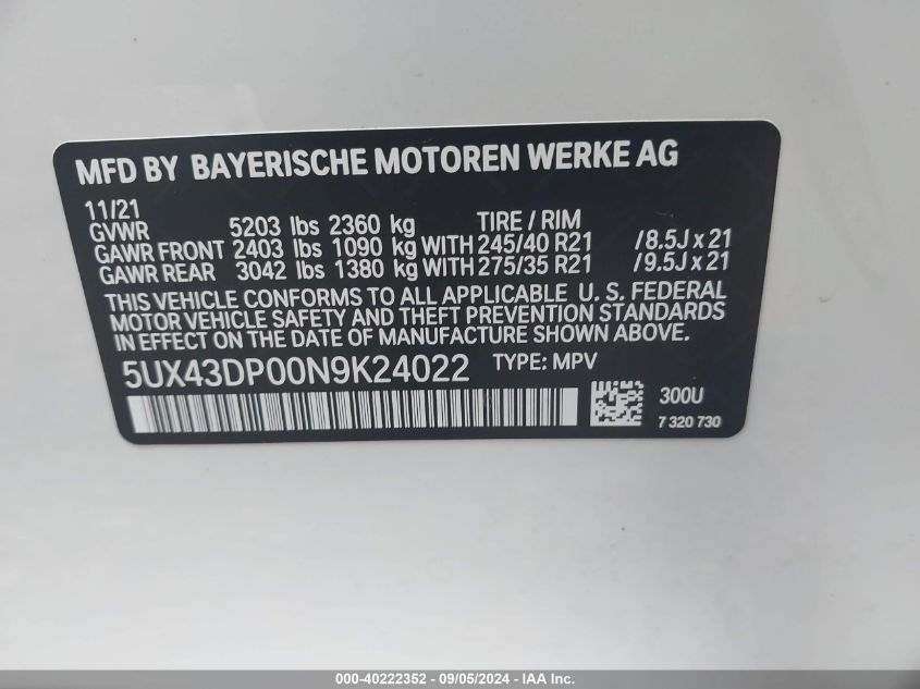 5UX43DP00N9K24022 2022 BMW X3 Sdrive30I