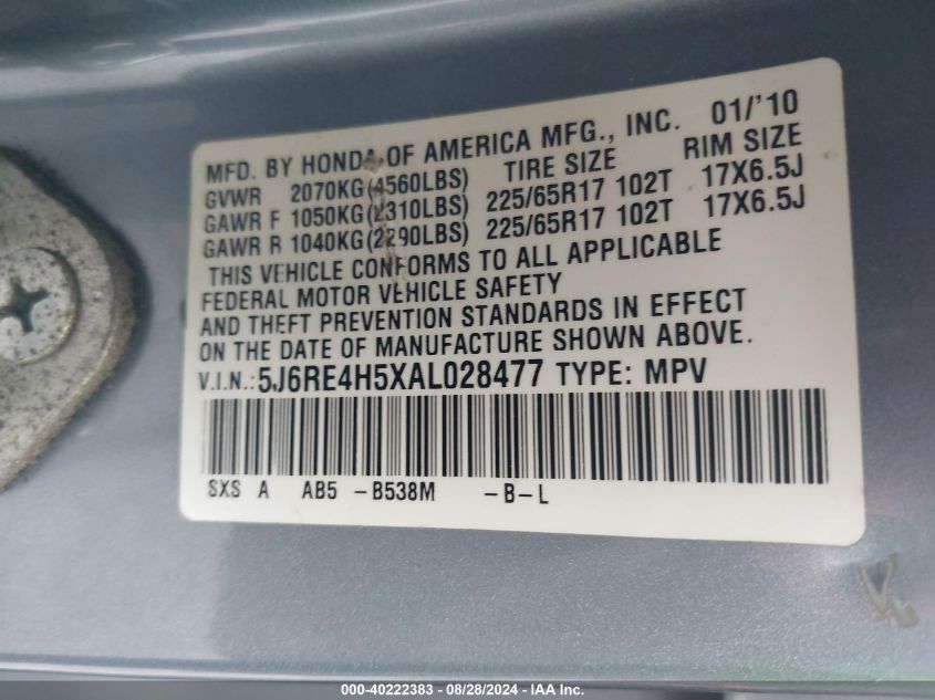 2010 Honda Cr-V Ex VIN: 5J6RE4H5XAL028477 Lot: 40222383