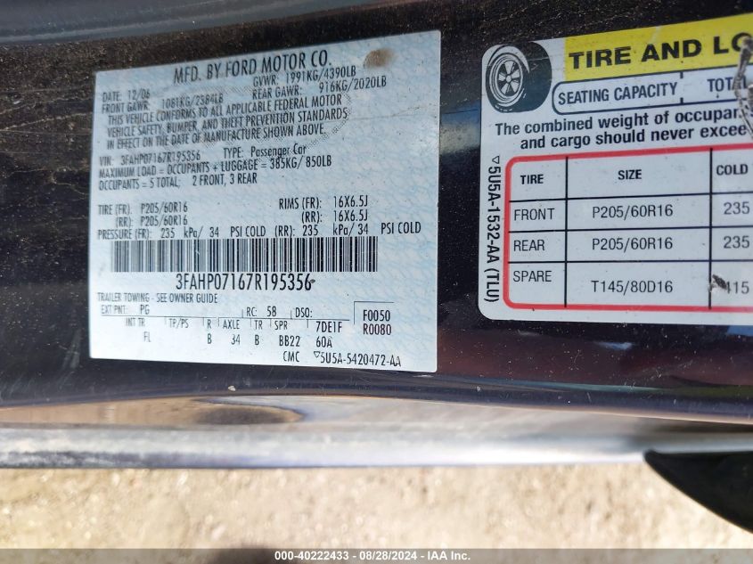 2007 Ford Fusion Se VIN: 3FAHP07167R195356 Lot: 40222433